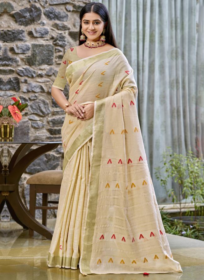 Cotton Off White Traditional Wear Weaving  Saree